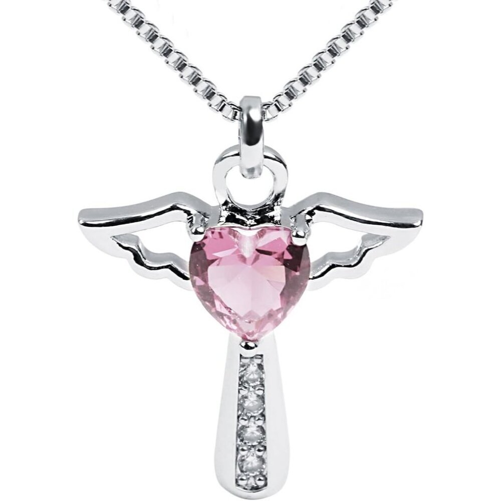 Silver Plated Angel Birthstone Necklace,Cubic Zirconia Cross Necklace for Women,